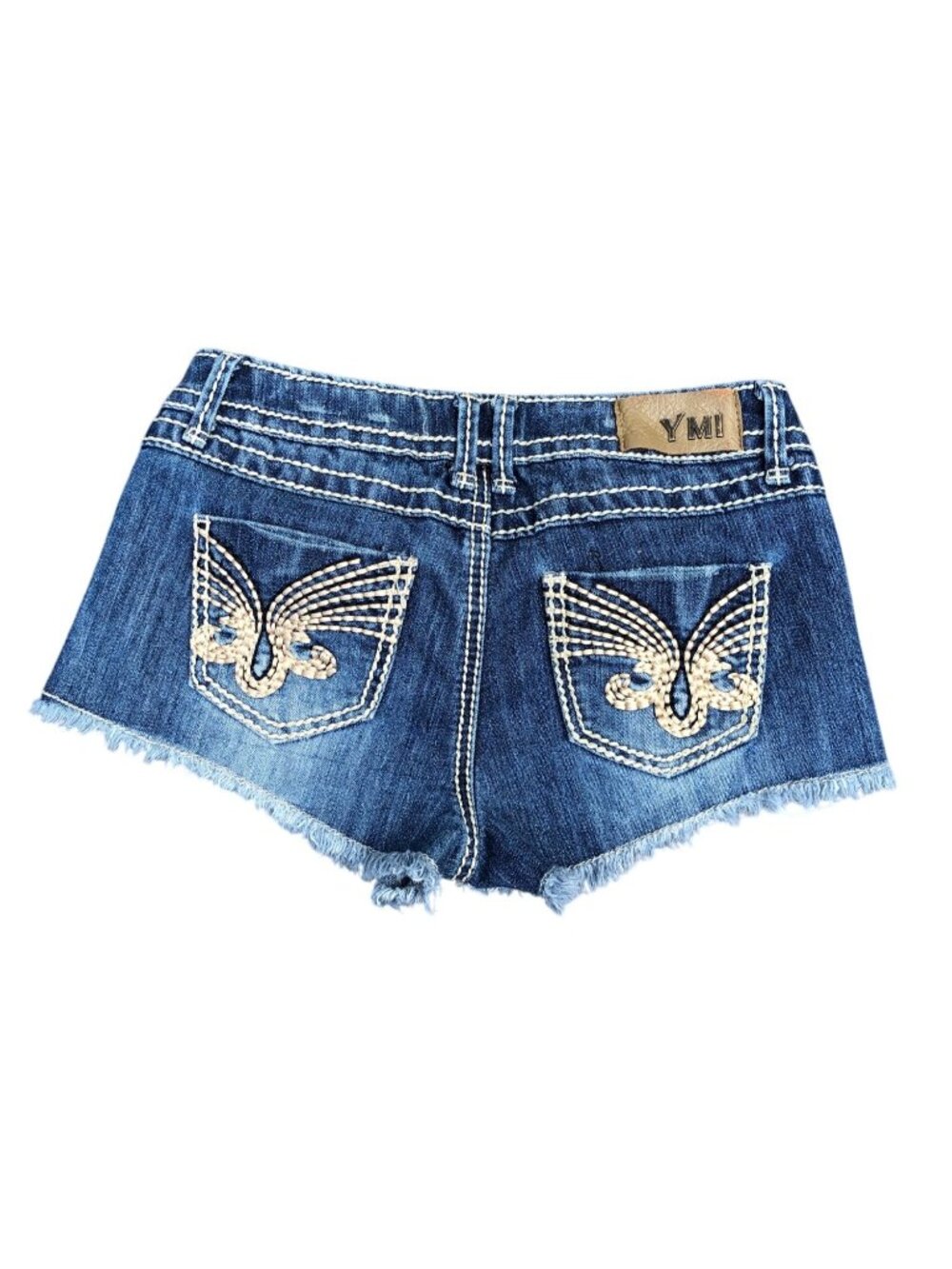 YMI Y2K  Jean Shorts Womens 3 Denim Cutoffs Low Rise Embroidered Frayed Distress
